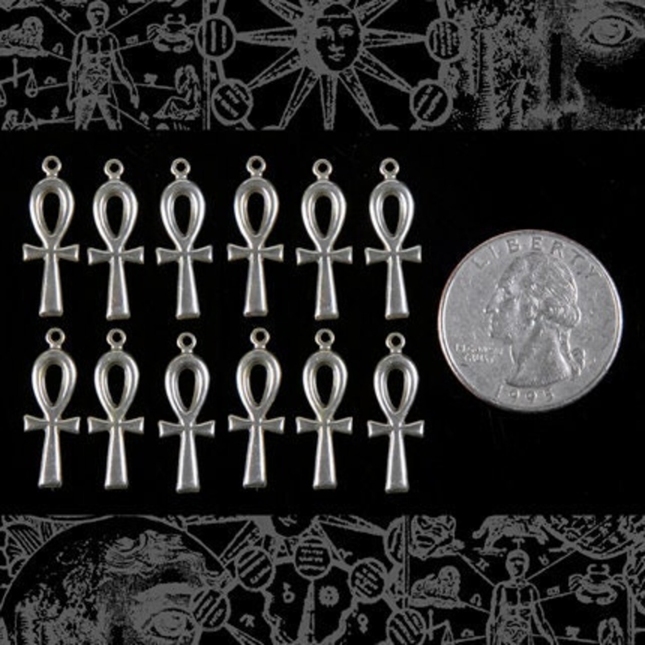 Antiqued Silver Plated Brass Ankh Charms - Set of Twelve - S-C02